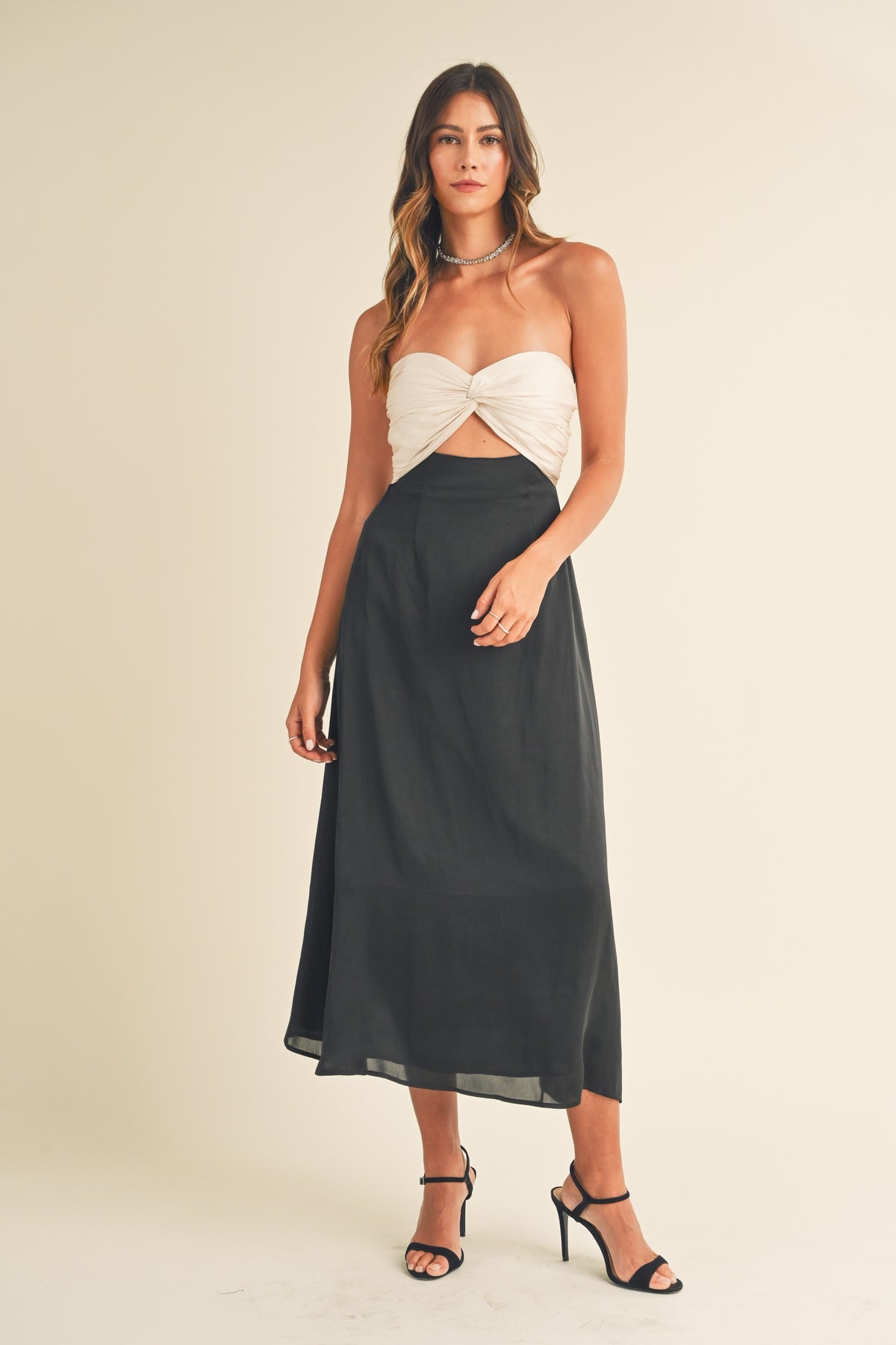 Black and White twisted bust front cutout midi dress