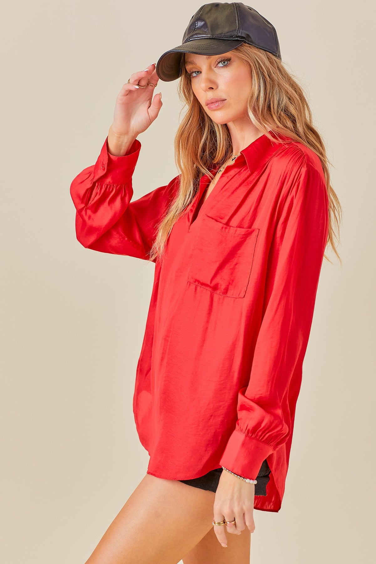 EASY OVERSIZED SHIRT WITH POCKET DETAIL RED