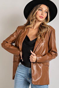 Women's Faux Leather Blazer- Cappuccino - SoCo Hernando